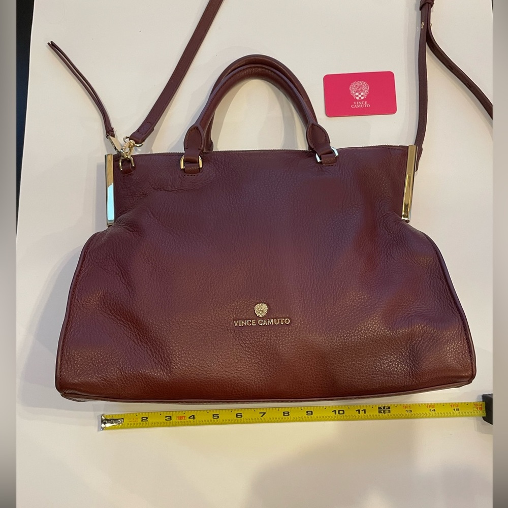 Vince Camuto, burgundy leather satchel bag with gold trim